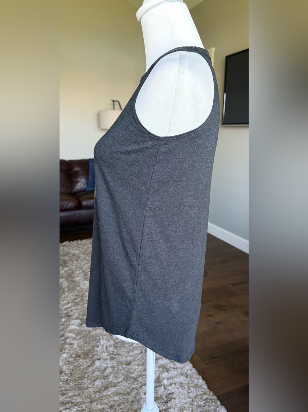 Old Lady Gains District Charcoal Tank Top with Gold Kettlebell Graphic Size XS - Picture 2 of 7